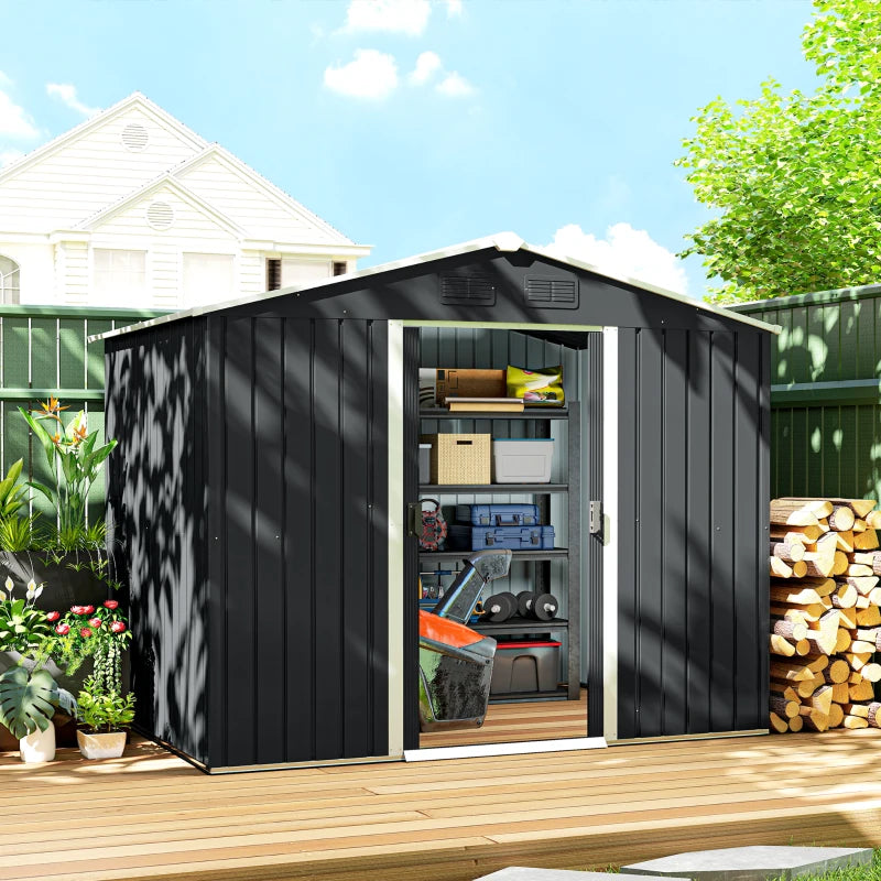 8' x 6' Outdoor Storage Shed, Metal Garden Tool Storage House with Lockable Sliding Doors and Vents for Backyard Patio Lawn, Charcoal Grey