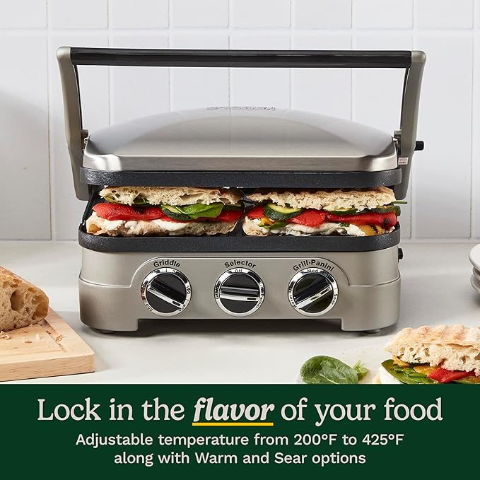 5-in-1 Stainless Steel Electric Griddler with Reversible Grill & Griddle Plates