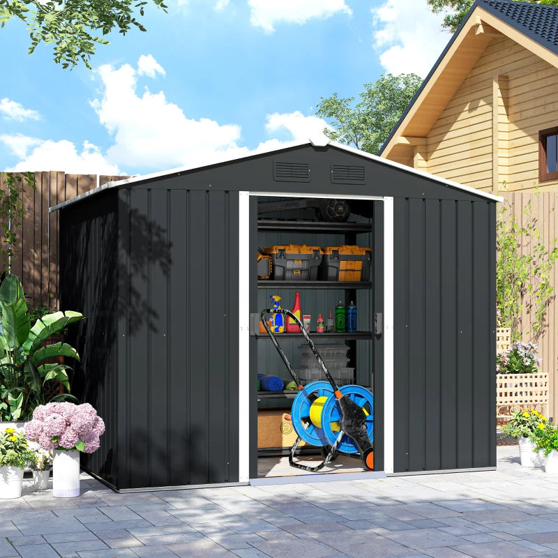 8' x 6' Outdoor Storage Shed, Metal Garden Tool Storage House with Lockable Sliding Doors and Vents for Backyard Patio Lawn, Charcoal Grey