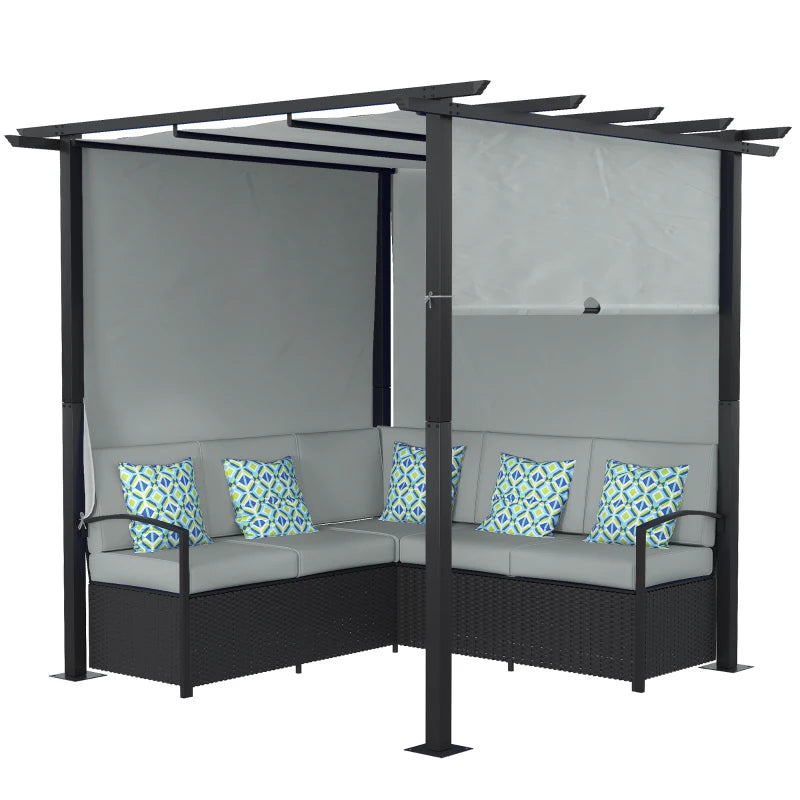 Wicker Patio Furniture, Outdoor PE Rattan Sofa Set with Retractable Canopy Pergola, Shade Shelter for Deck, Pool, Garden, Terrace, Grey