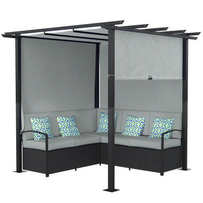 Wicker Patio Furniture, Outdoor PE Rattan Sofa Set with Retractable Canopy Pergola, Shade Shelter for Deck, Pool, Garden, Terrace, Grey