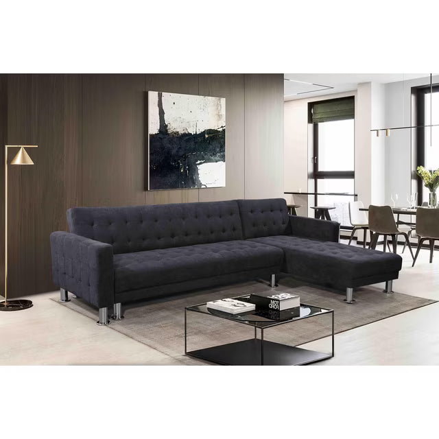 Adjustable Polyester Sectional Sleeper Sofa, Convertible Sofa Bed with Reclining Backrest, Dark Grey