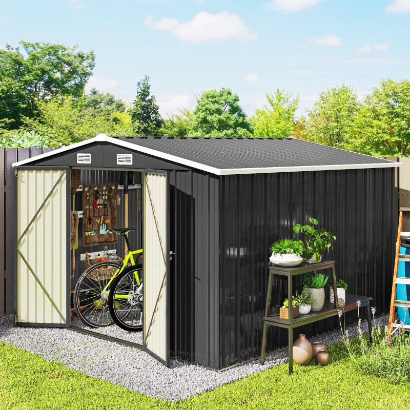 10' x 10' Metal Storage Shed, Heavy Duty Outdoor Storage Shed with 4 Vents and Lockable Double Doors, Dark Grey