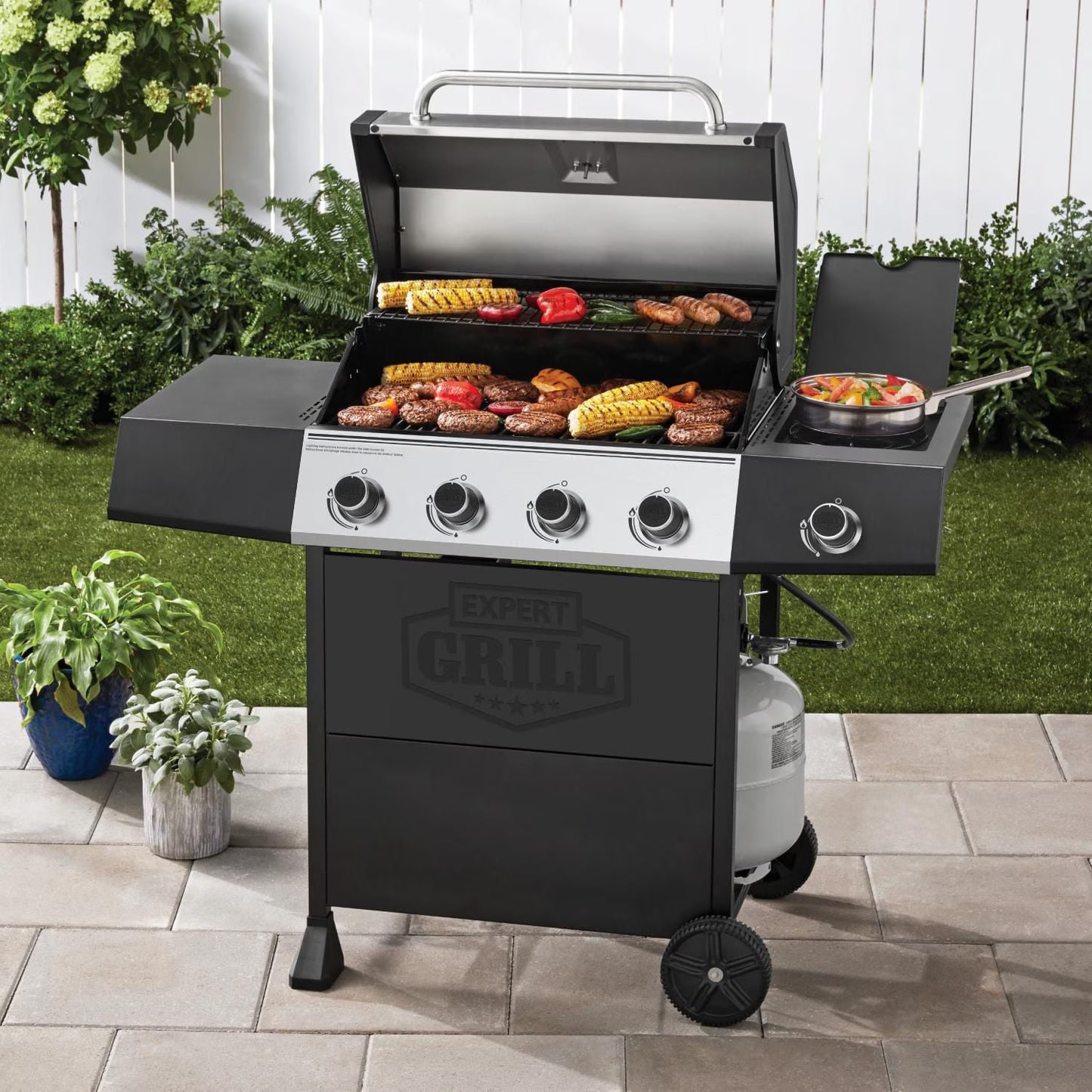 4 Burner Propane Gas BBQ Grill with Side Burner & Stainless Steel Lid