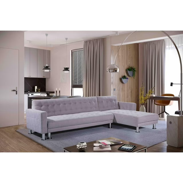Adjustable Polyester Sectional Sleeper Sofa, Convertible Queen Size Sofa Bed, Light Grey