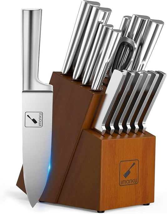 imarku 15-Piece Kitchen Knife Set with Block & Sharpener – Japanese Stainless Steel Chef Knives, Dishwasher Safe, 6 Steak Knives, Brown