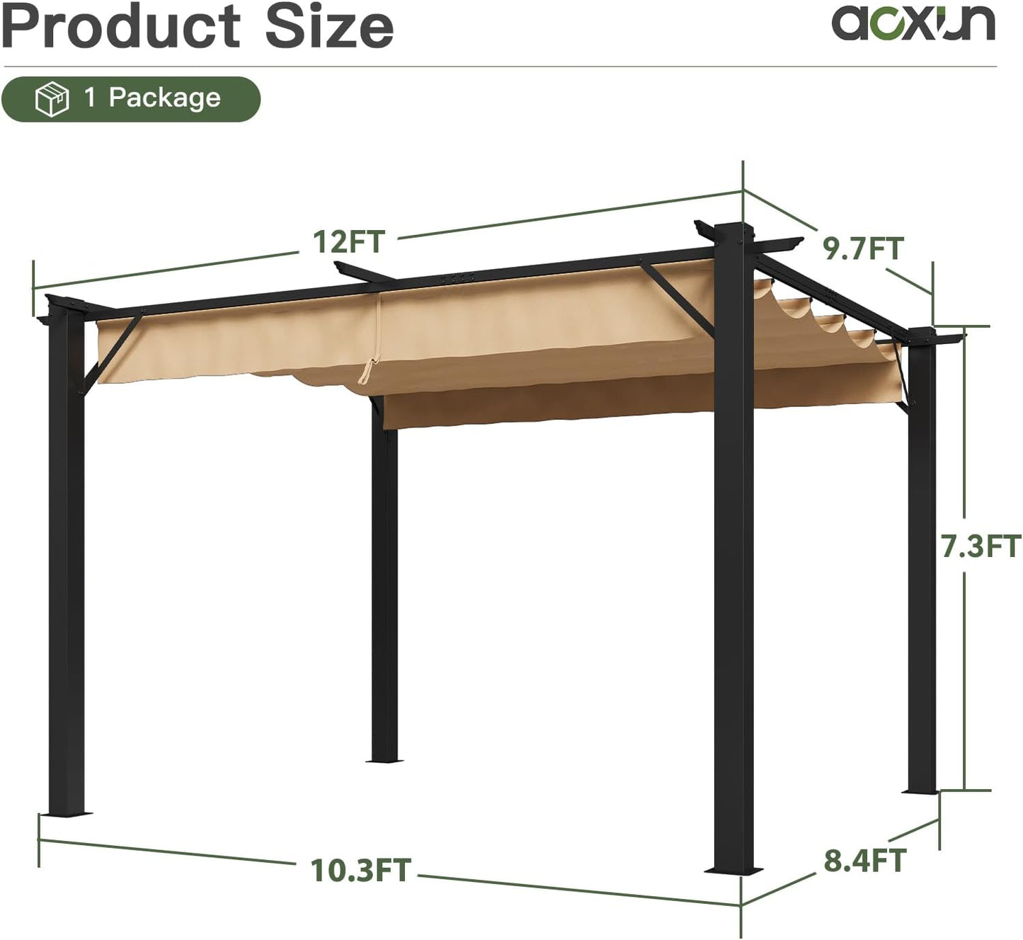10' x 12' Outdoor Pergola, Heavy-Duty Metal Patio Pergola, Modern Retractable Sun Shade Canopy for Garden, Deck and Backyard