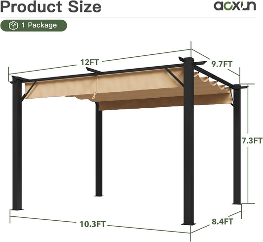 10' x 12' Outdoor Pergola, Heavy-Duty Metal Patio Pergola, Modern Retractable Sun Shade Canopy for Garden, Deck and Backyard