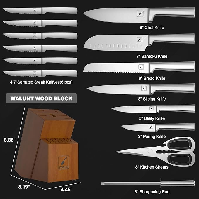 imarku 15-Piece Kitchen Knife Set with Block & Sharpener – Japanese Stainless Steel Chef Knives, Dishwasher Safe, 6 Steak Knives, Brown