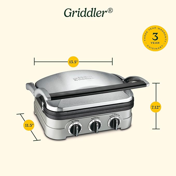 5-in-1 Stainless Steel Electric Griddler with Reversible Grill & Griddle Plates