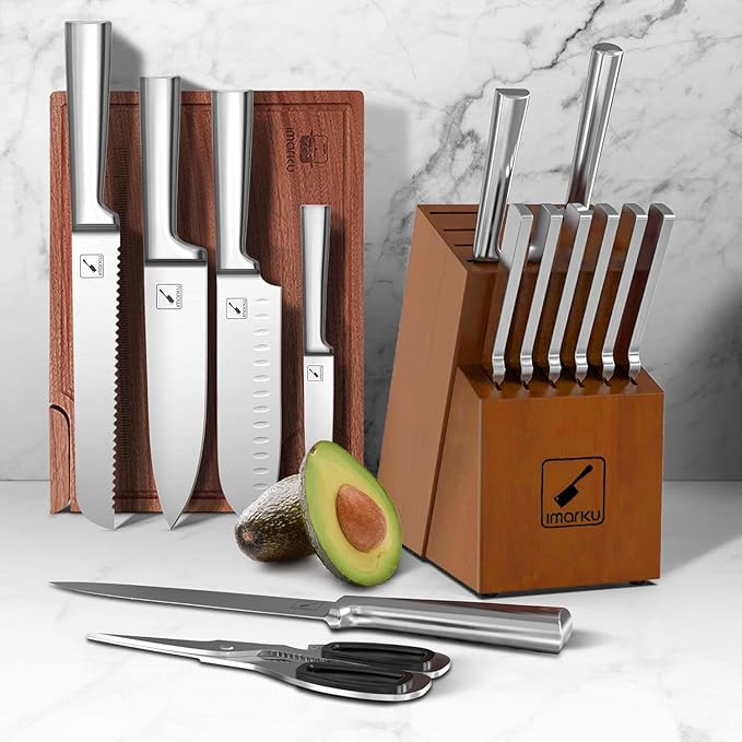 imarku 15-Piece Kitchen Knife Set with Block & Sharpener – Japanese Stainless Steel Chef Knives, Dishwasher Safe, 6 Steak Knives, Brown