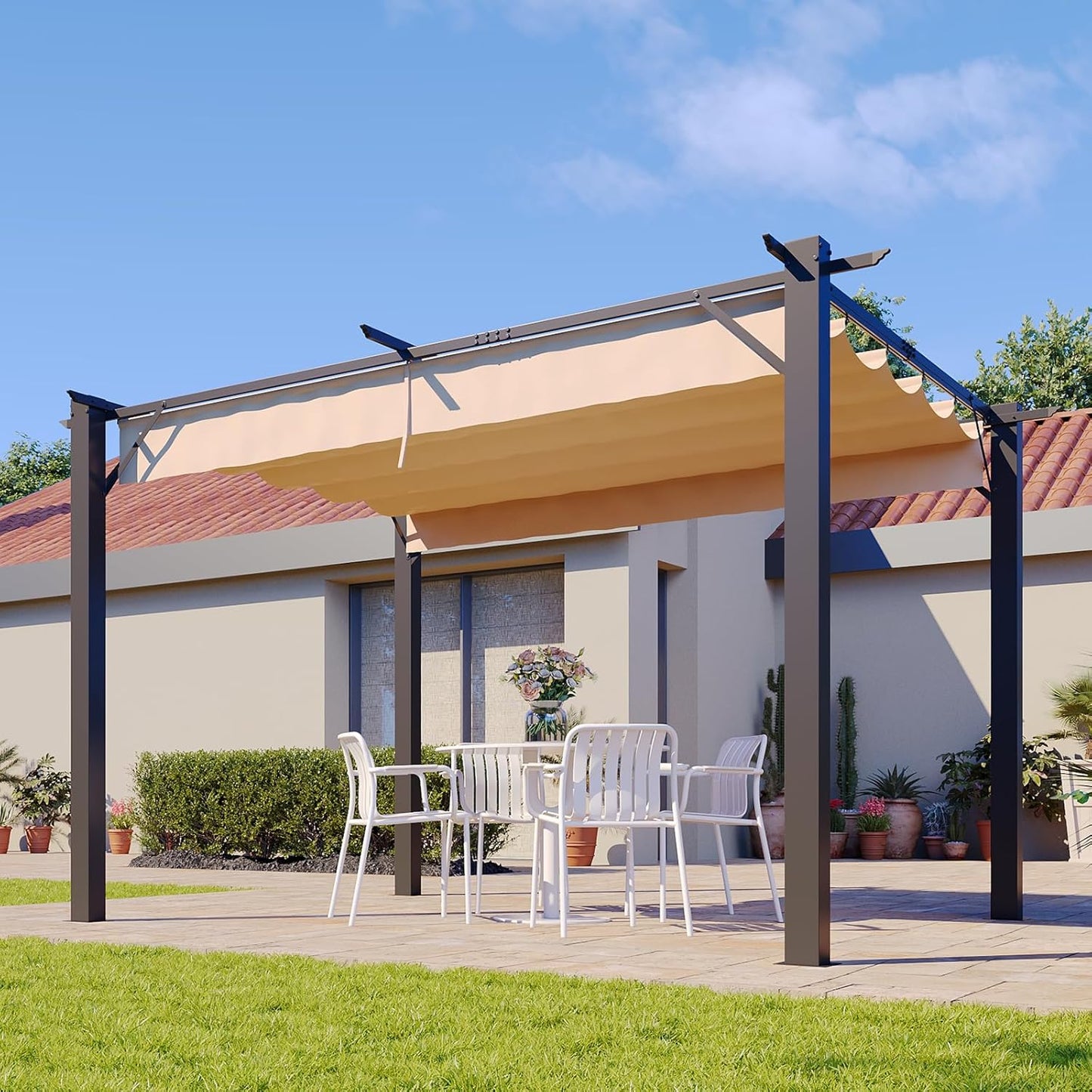 10' x 12' Outdoor Pergola, Heavy-Duty Metal Patio Pergola, Modern Retractable Sun Shade Canopy for Garden, Deck and Backyard