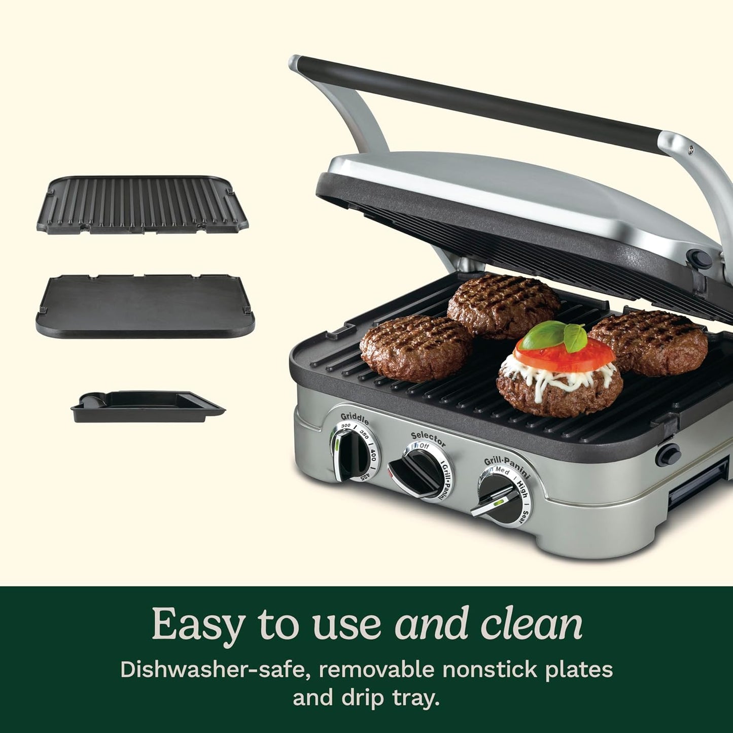 5-in-1 Stainless Steel Electric Griddler with Reversible Grill & Griddle Plates