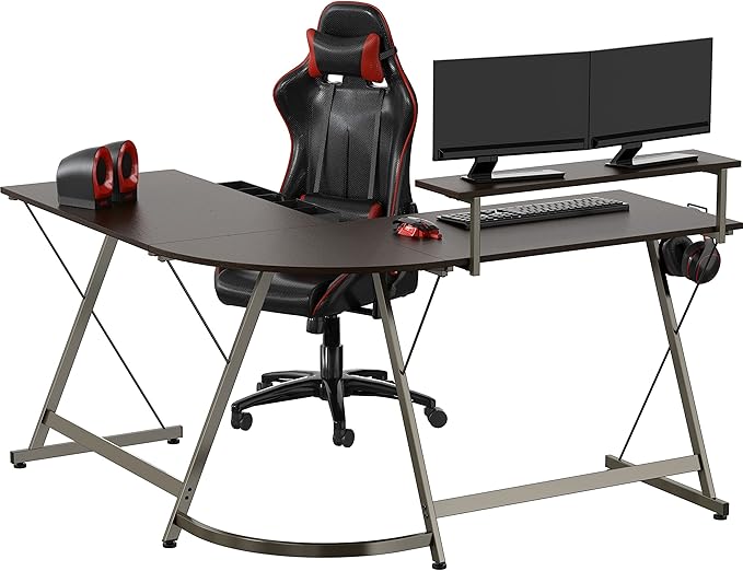 Modern L-Shaped Computer Desk with Monitor Stand & Storage Drawer – Corner Home Office Desk