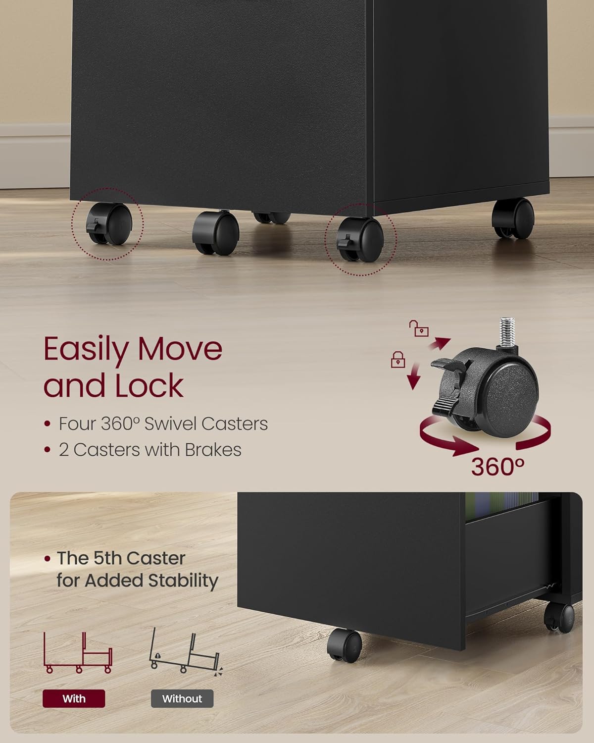 2-Drawer Rolling File Cabinet & Printer Stand for Home Office