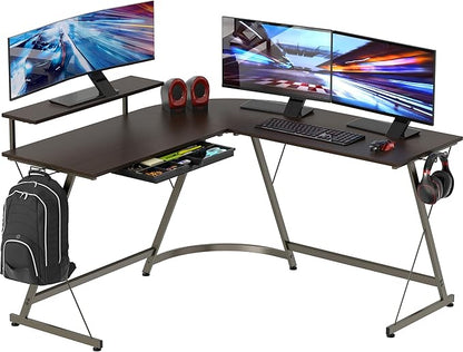Modern L-Shaped Computer Desk with Monitor Stand & Storage Drawer – Corner Home Office Desk