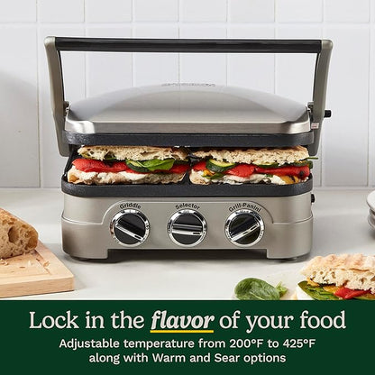 5-in-1 Stainless Steel Electric Griddler with Reversible Grill & Griddle Plates