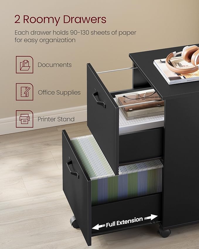 2-Drawer Rolling File Cabinet & Printer Stand for Home Office