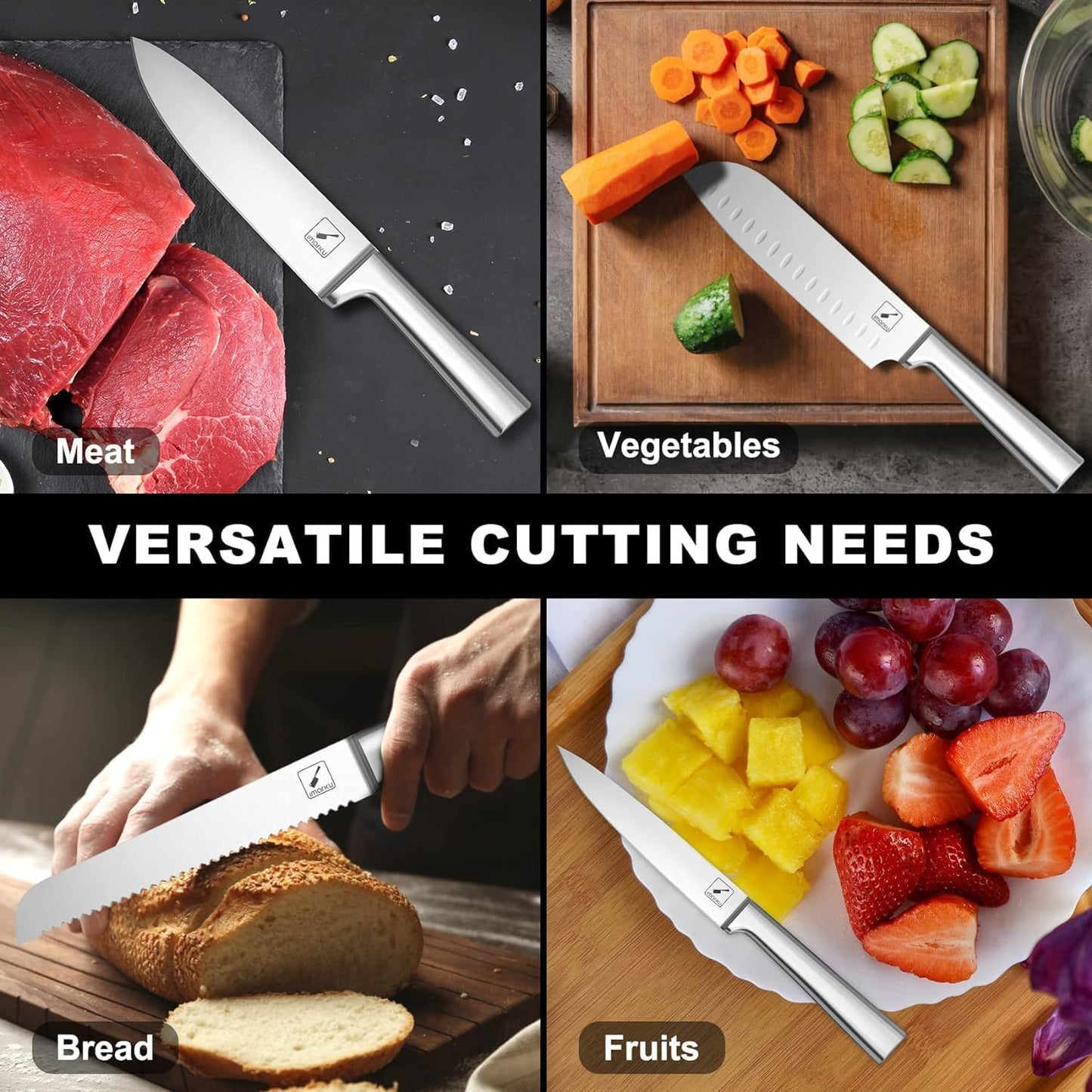 imarku 15-Piece Kitchen Knife Set with Block & Sharpener – Japanese Stainless Steel Chef Knives, Dishwasher Safe, 6 Steak Knives, Brown