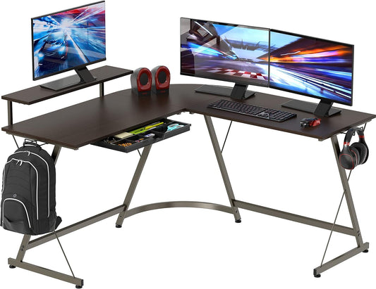 Modern L-Shaped Computer Desk with Monitor Stand & Storage Drawer – Corner Home Office Desk