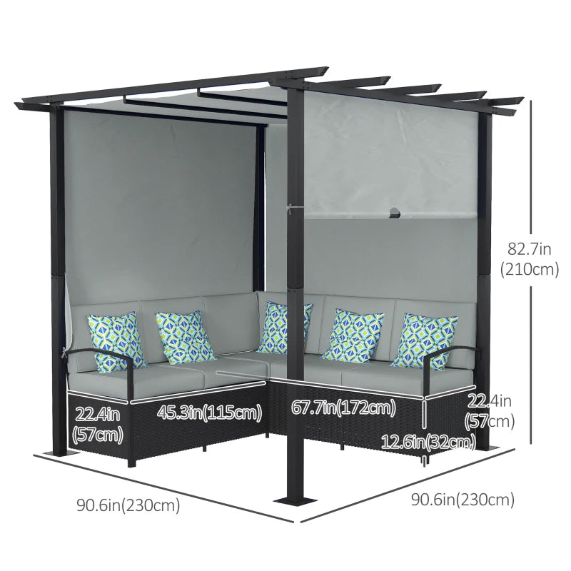 Wicker Patio Furniture, Outdoor PE Rattan Sofa Set with Retractable Canopy Pergola, Shade Shelter for Deck, Pool, Garden, Terrace, Grey