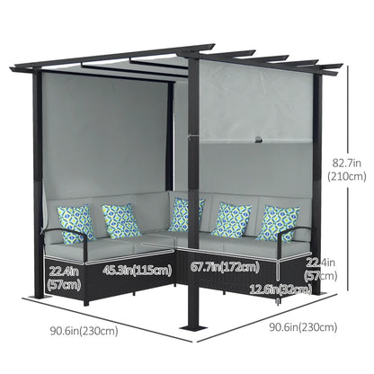 Wicker Patio Furniture, Outdoor PE Rattan Sofa Set with Retractable Canopy Pergola, Shade Shelter for Deck, Pool, Garden, Terrace, Grey