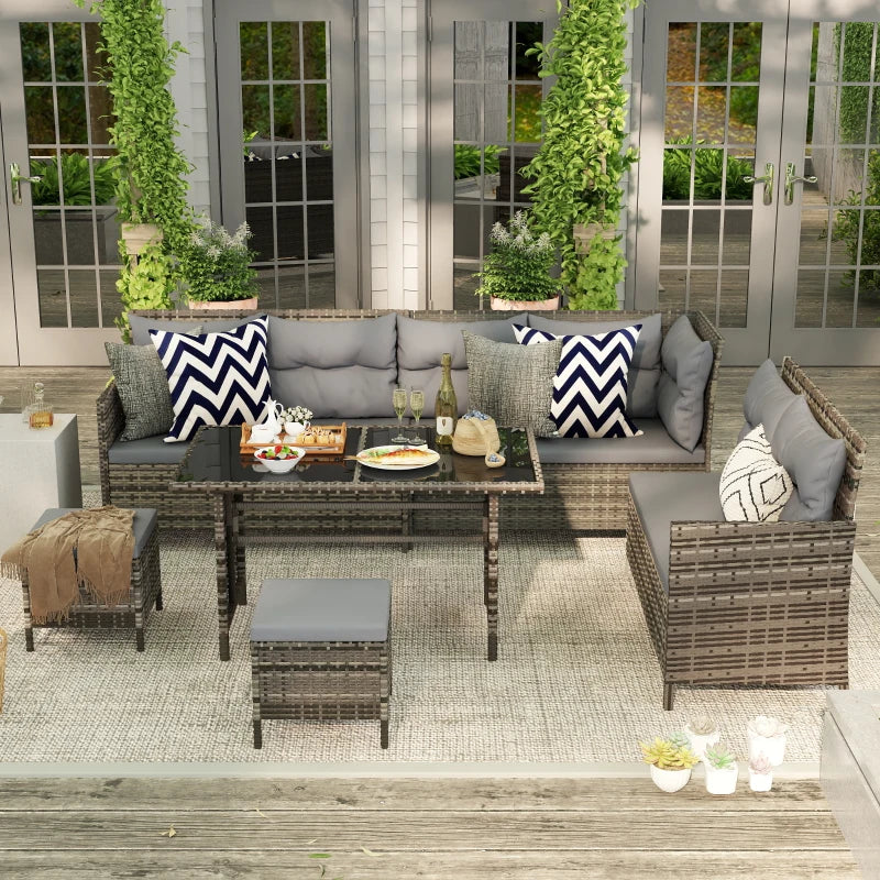 6-Piece Outdoor Rattan Sofa Set, Garden Wicker Sectional Couch Furniture Set with Dining Table and Chairs, Grey