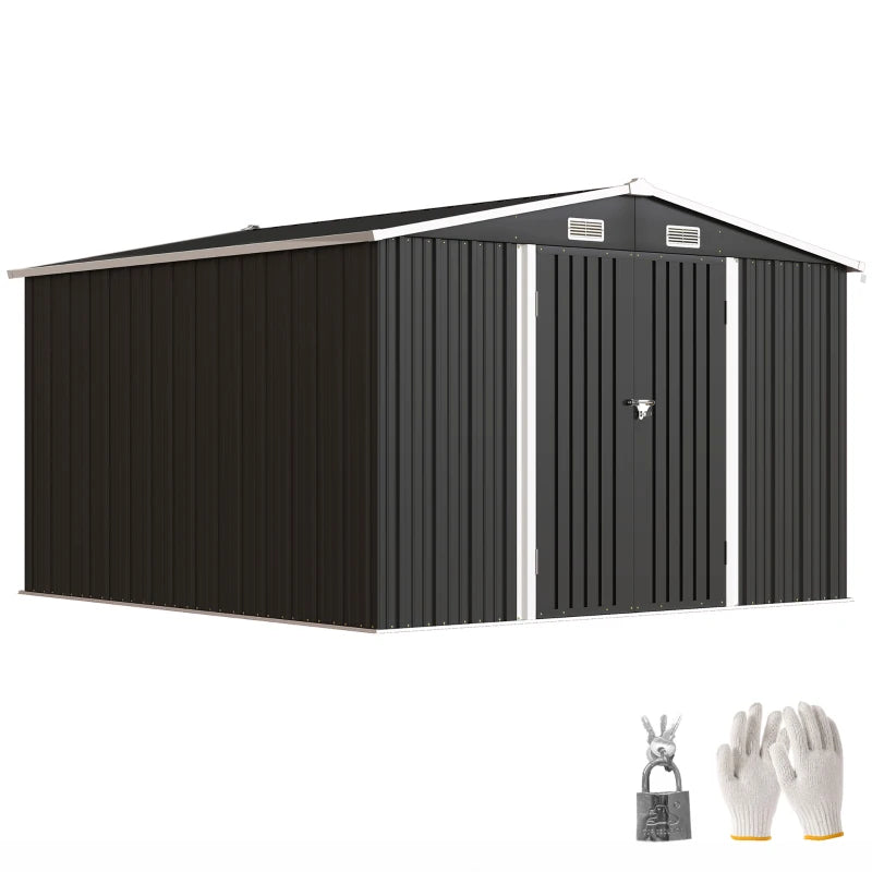 10' x 10' Metal Storage Shed, Heavy Duty Outdoor Storage Shed with 4 Vents and Lockable Double Doors, Dark Grey