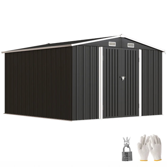 10' x 10' Metal Storage Shed, Heavy Duty Outdoor Storage Shed with 4 Vents and Lockable Double Doors, Dark Grey