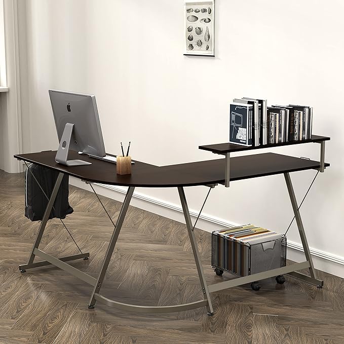 Modern L-Shaped Computer Desk with Monitor Stand & Storage Drawer – Corner Home Office Desk