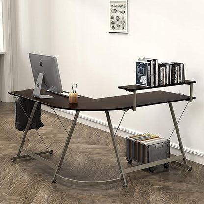 Modern L-Shaped Computer Desk with Monitor Stand & Storage Drawer – Corner Home Office Desk