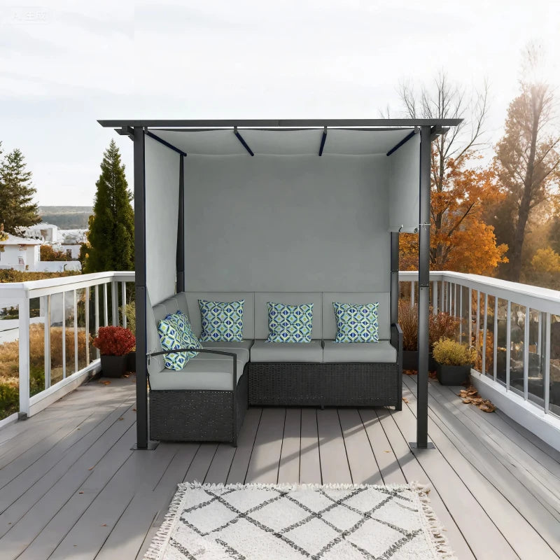 Wicker Patio Furniture, Outdoor PE Rattan Sofa Set with Retractable Canopy Pergola, Shade Shelter for Deck, Pool, Garden, Terrace, Grey