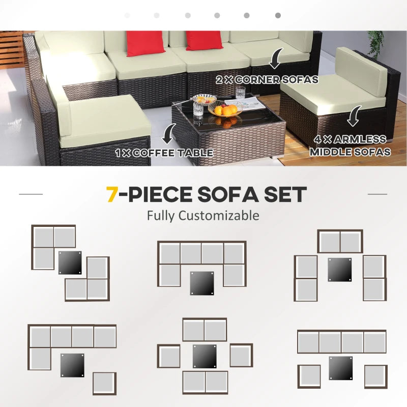 7 Pieces Patio Sofa Outdoor Wicker Sectional Patio Furniture, Dark Brown & Beige