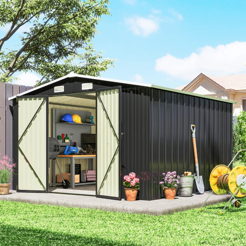 10' x 10' Metal Storage Shed, Heavy Duty Outdoor Storage Shed with 4 Vents and Lockable Double Doors, Dark Grey