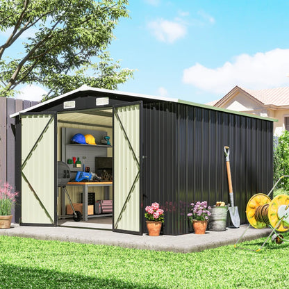 10' x 10' Metal Storage Shed, Heavy Duty Outdoor Storage Shed with 4 Vents and Lockable Double Doors, Dark Grey