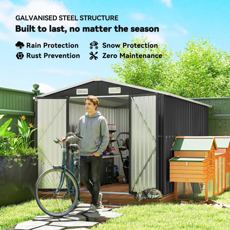 10' x 10' Metal Storage Shed, Heavy Duty Outdoor Storage Shed with 4 Vents and Lockable Double Doors, Dark Grey