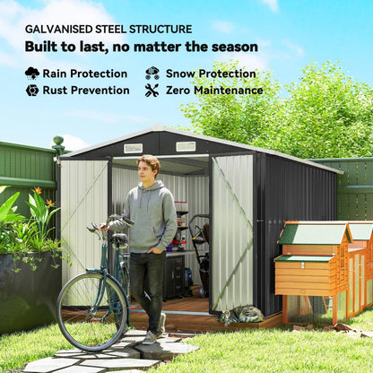 10' x 10' Metal Storage Shed, Heavy Duty Outdoor Storage Shed with 4 Vents and Lockable Double Doors, Dark Grey