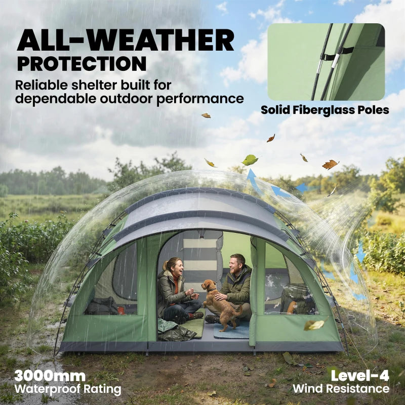 Multi-Room Camping Tent for 5 Person, Easy Set up Large Family Tent with 4 Windows, Porch, Light Green