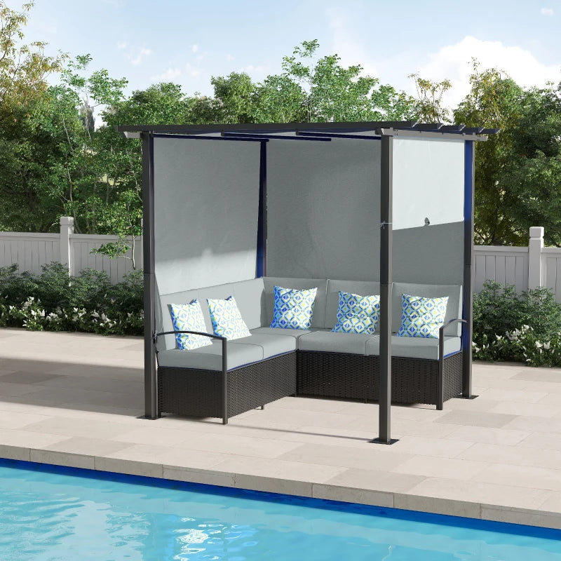 Wicker Patio Furniture, Outdoor PE Rattan Sofa Set with Retractable Canopy Pergola, Shade Shelter for Deck, Pool, Garden, Terrace, Grey