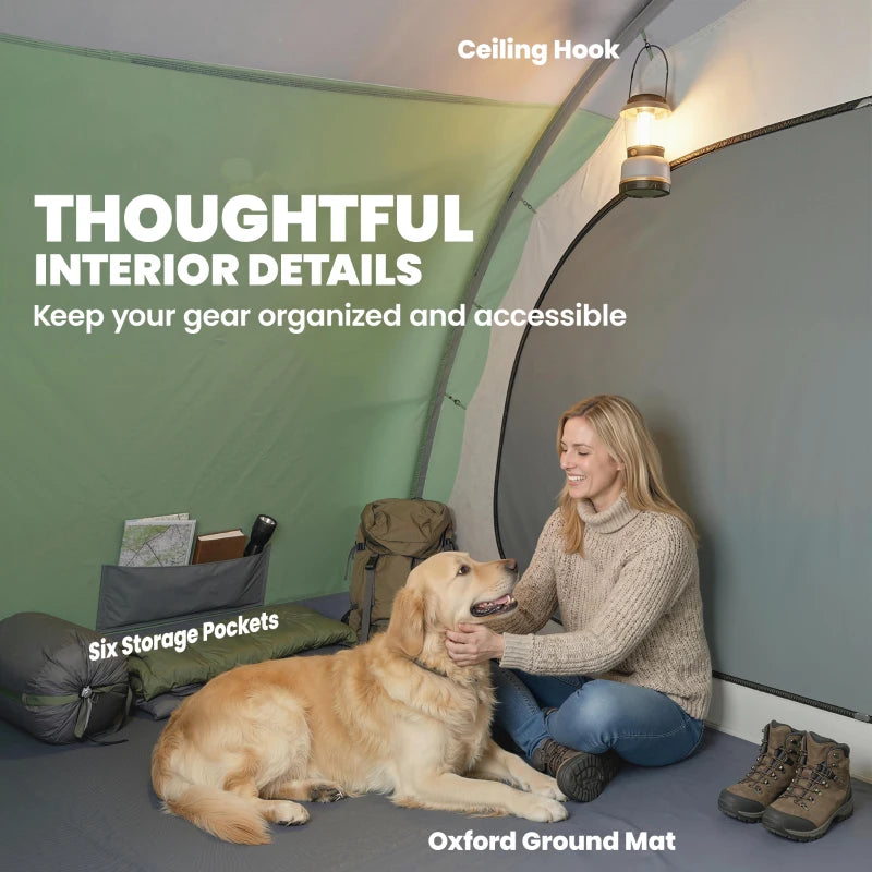 Multi-Room Camping Tent for 5 Person, Easy Set up Large Family Tent with 4 Windows, Porch, Light Green