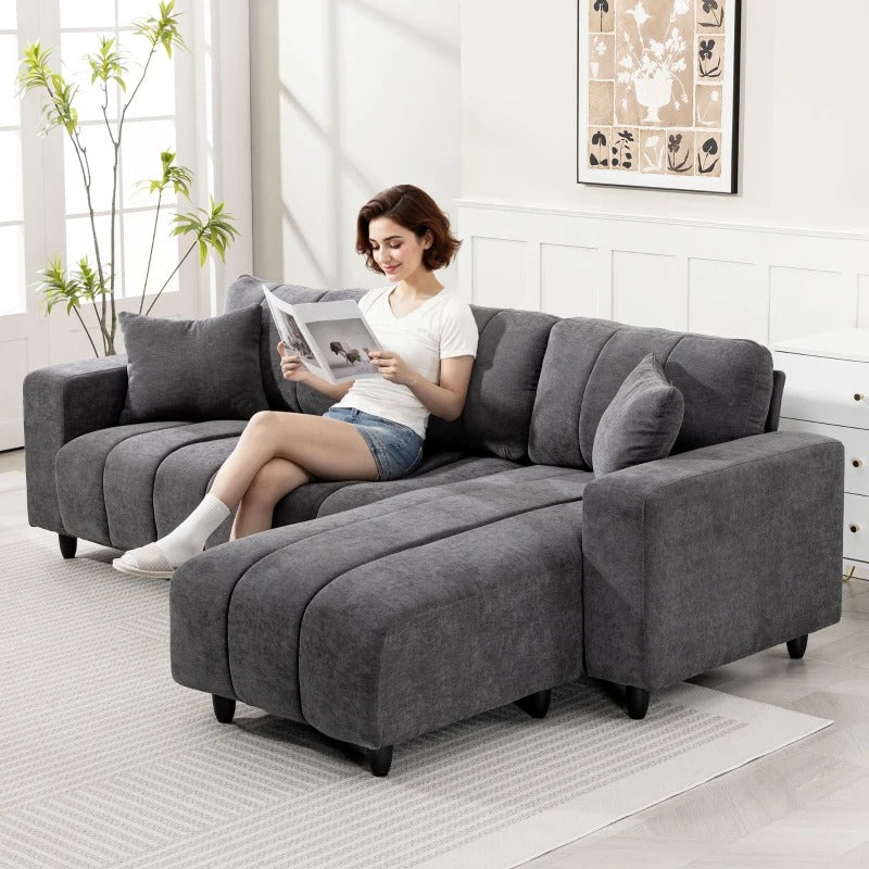 Sectional Couch with Integrated Seat, 3 Seater L-Shaped Sofa with Changeable Chaise, Spring Cushion, 2 Pillows, Grey