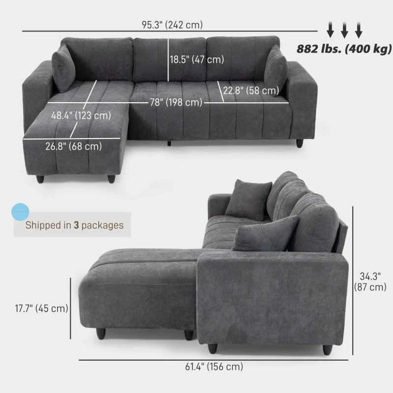 Sectional Couch with Integrated Seat, 3 Seater L-Shaped Sofa with Changeable Chaise, Spring Cushion, 2 Pillows, Grey