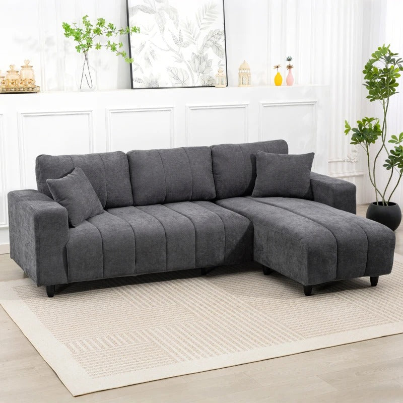 Sectional Couch with Integrated Seat, 3 Seater L-Shaped Sofa with Changeable Chaise, Spring Cushion, 2 Pillows, Grey
