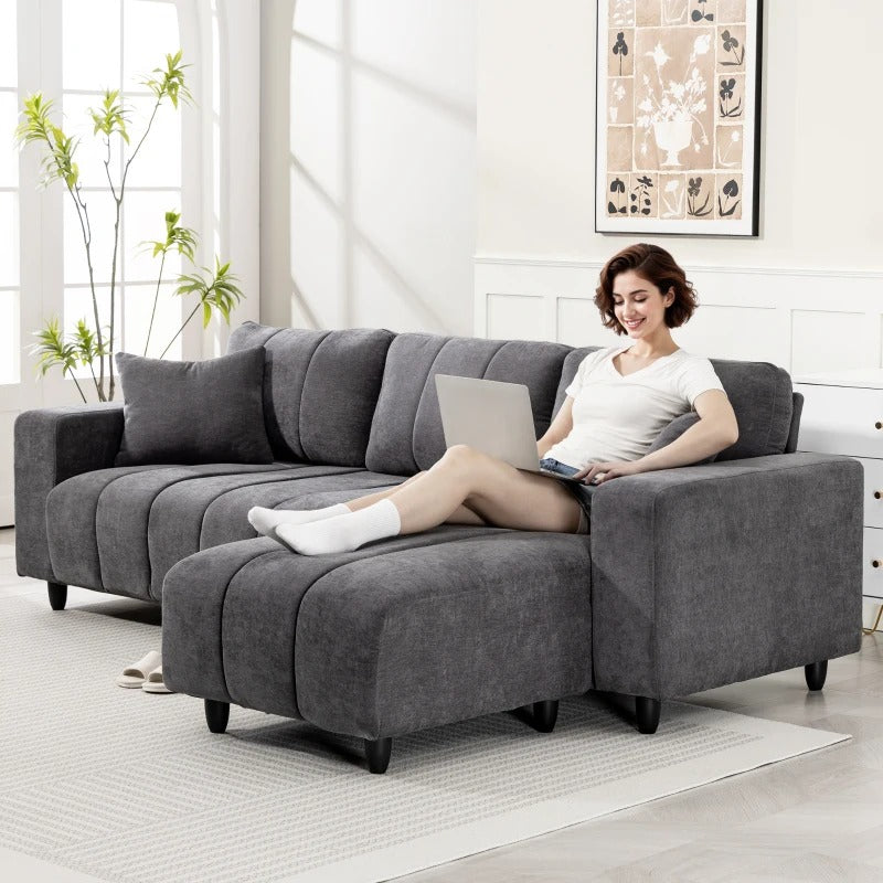 Sectional Couch with Integrated Seat, 3 Seater L-Shaped Sofa with Changeable Chaise, Spring Cushion, 2 Pillows, Grey