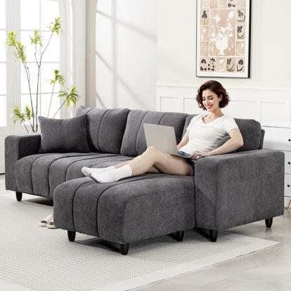 Sectional Couch with Integrated Seat, 3 Seater L-Shaped Sofa with Changeable Chaise, Spring Cushion, 2 Pillows, Grey