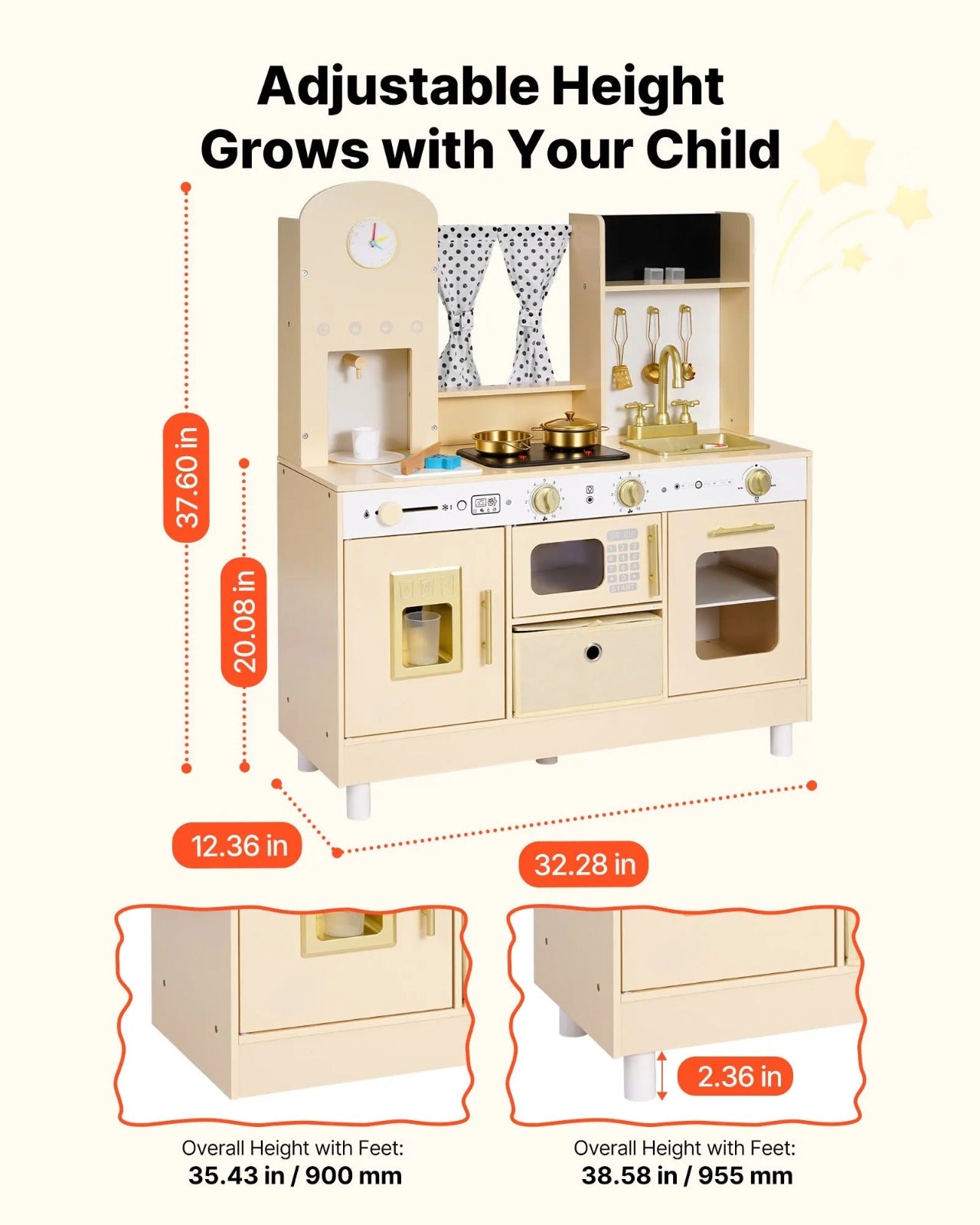Wooden Kids Play Kitchen Set with Lights, Sounds, Ice Maker & Microwave – Pretend Cooking Toy