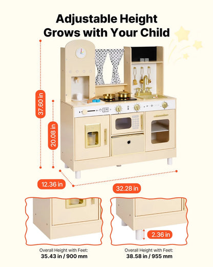 Wooden Kids Play Kitchen Set with Lights, Sounds, Ice Maker & Microwave – Pretend Cooking Toy