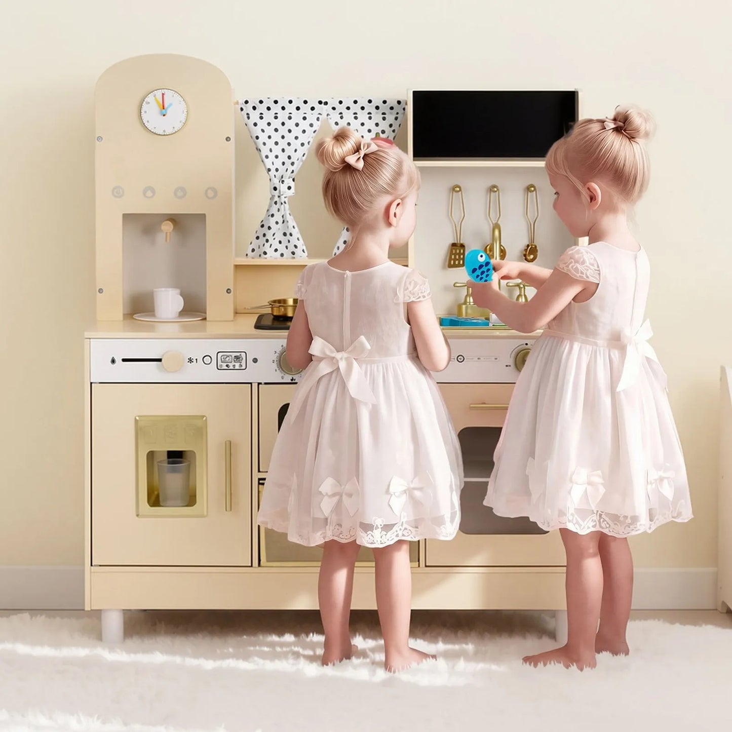 Wooden Kids Play Kitchen Set with Lights, Sounds, Ice Maker & Microwave – Pretend Cooking Toy