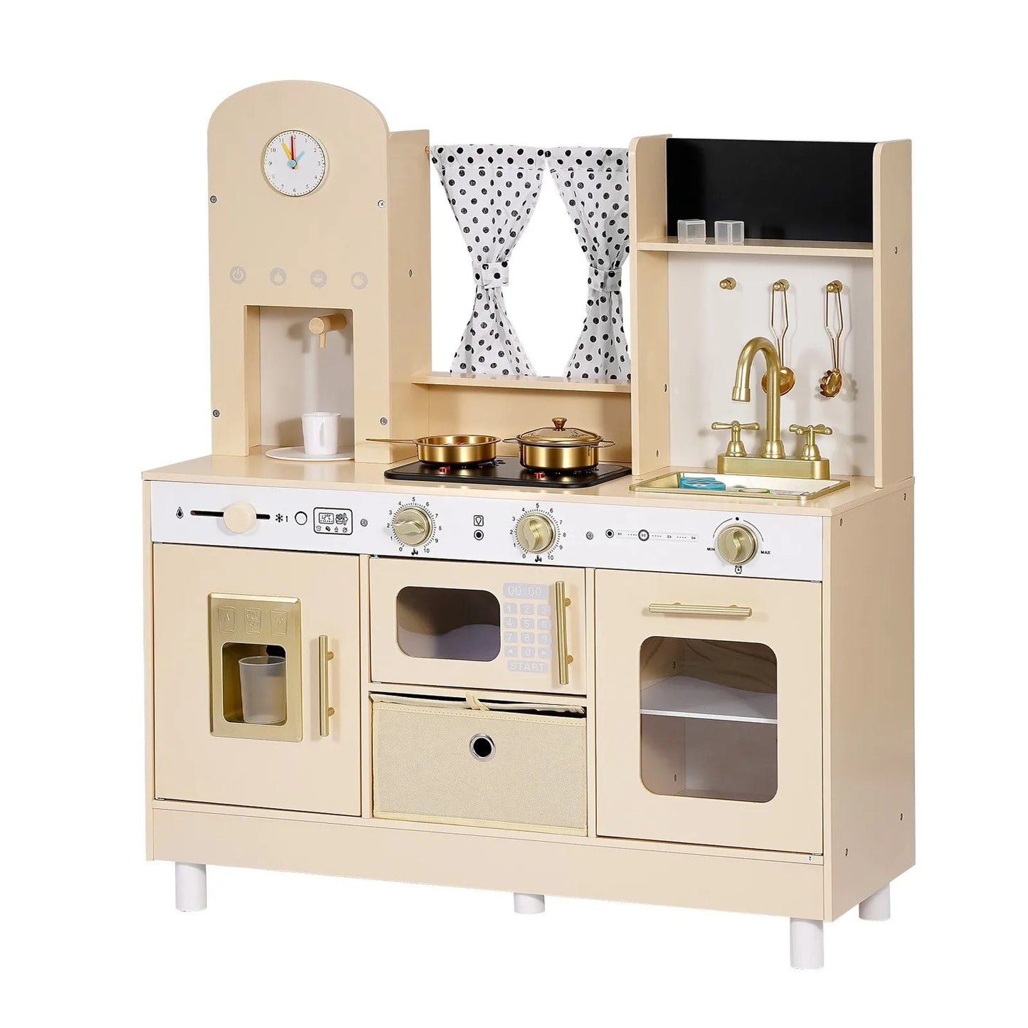 Wooden Kids Play Kitchen Set with Lights, Sounds, Ice Maker & Microwave – Pretend Cooking Toy