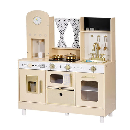 Wooden Kids Play Kitchen Set with Lights, Sounds, Ice Maker & Microwave – Pretend Cooking Toy